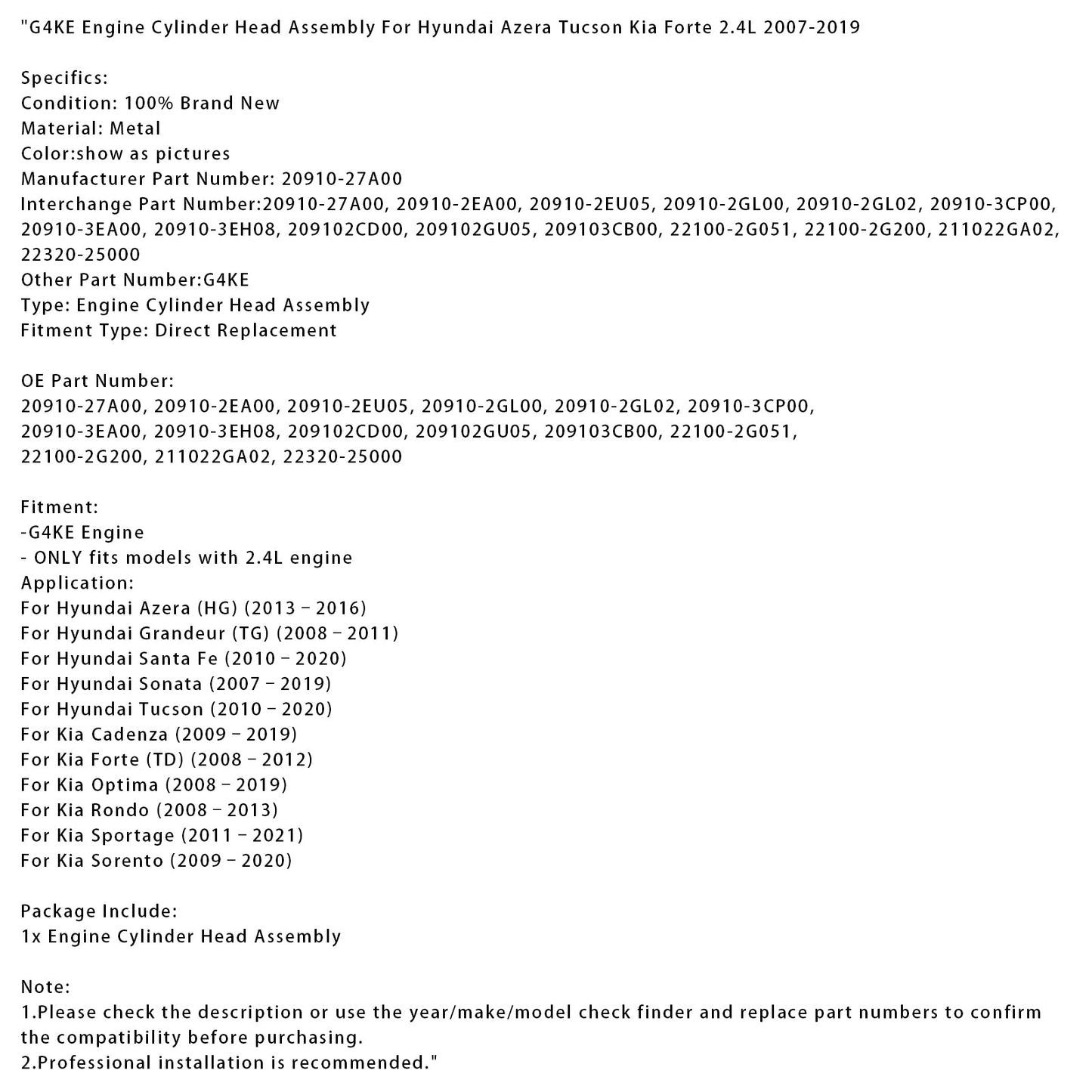 2008¨C2011 Hyundai Grandeur (TG) G4KE Engine Cylinder Head Assembly 20910-27A00 22320-25000