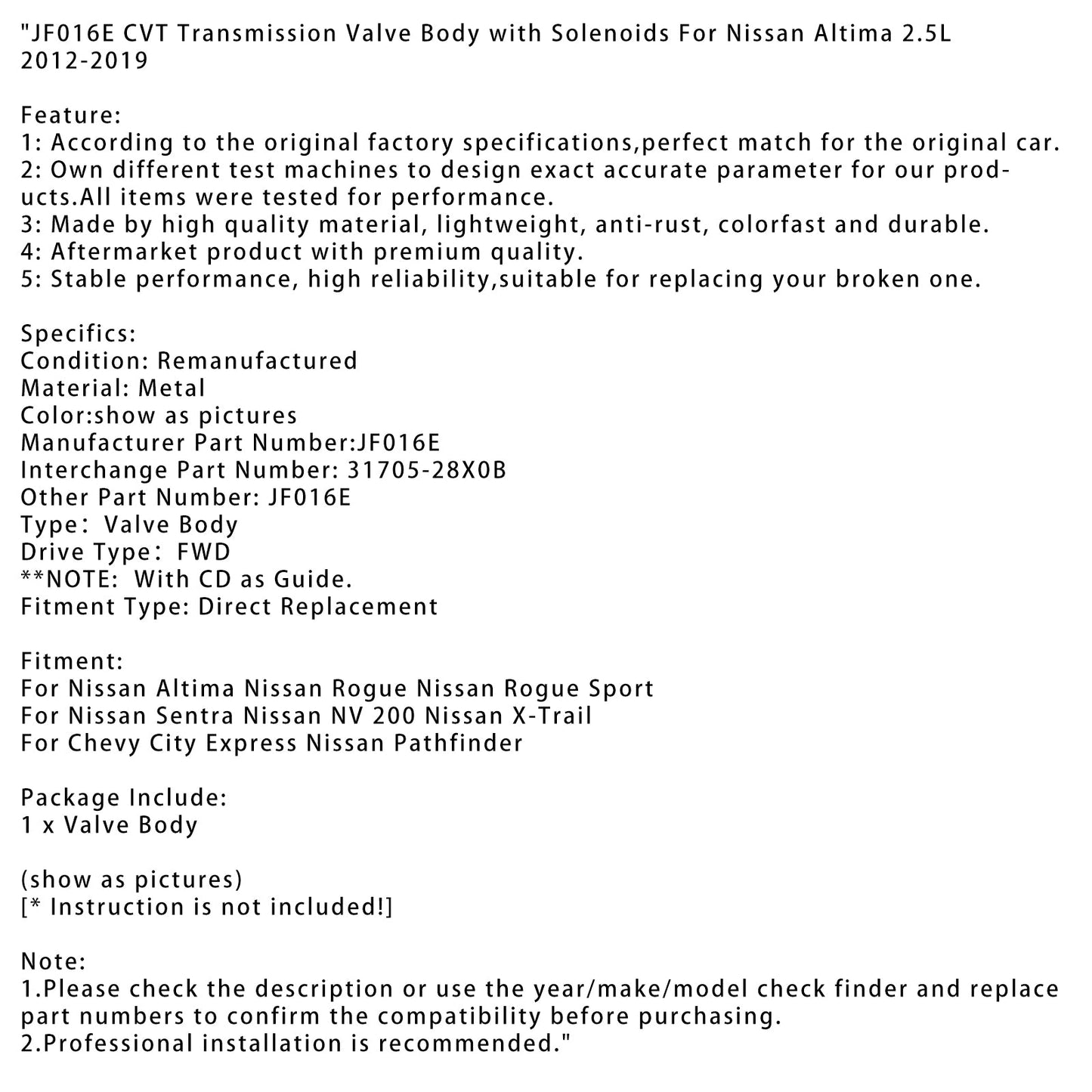 Nissan Sentra Nissan NV 200 Nissan X-Trail JF016E CVT Transmission Valve Body with Solenoids