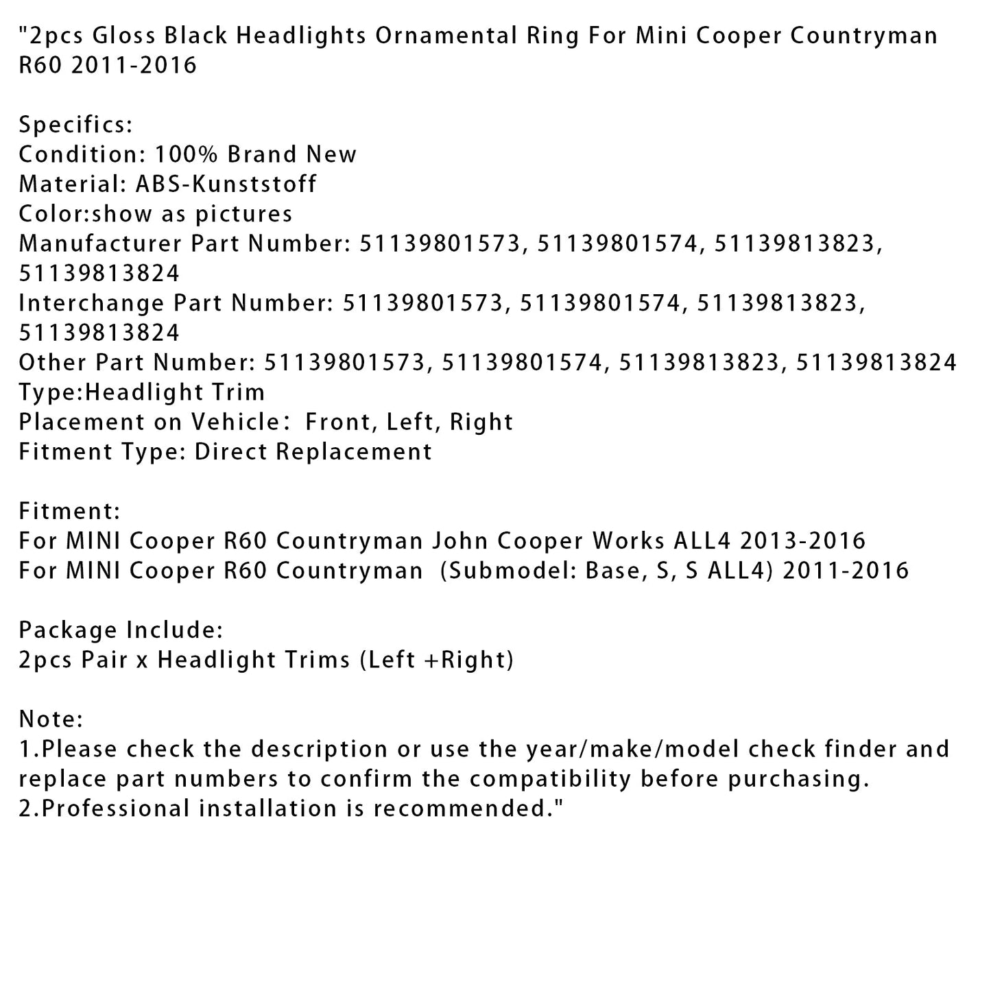 2013-2016 MINI Cooper R60 Countryman John Cooper Works ALL4 2pcs Gloss Black Headlights Ornamental Ring