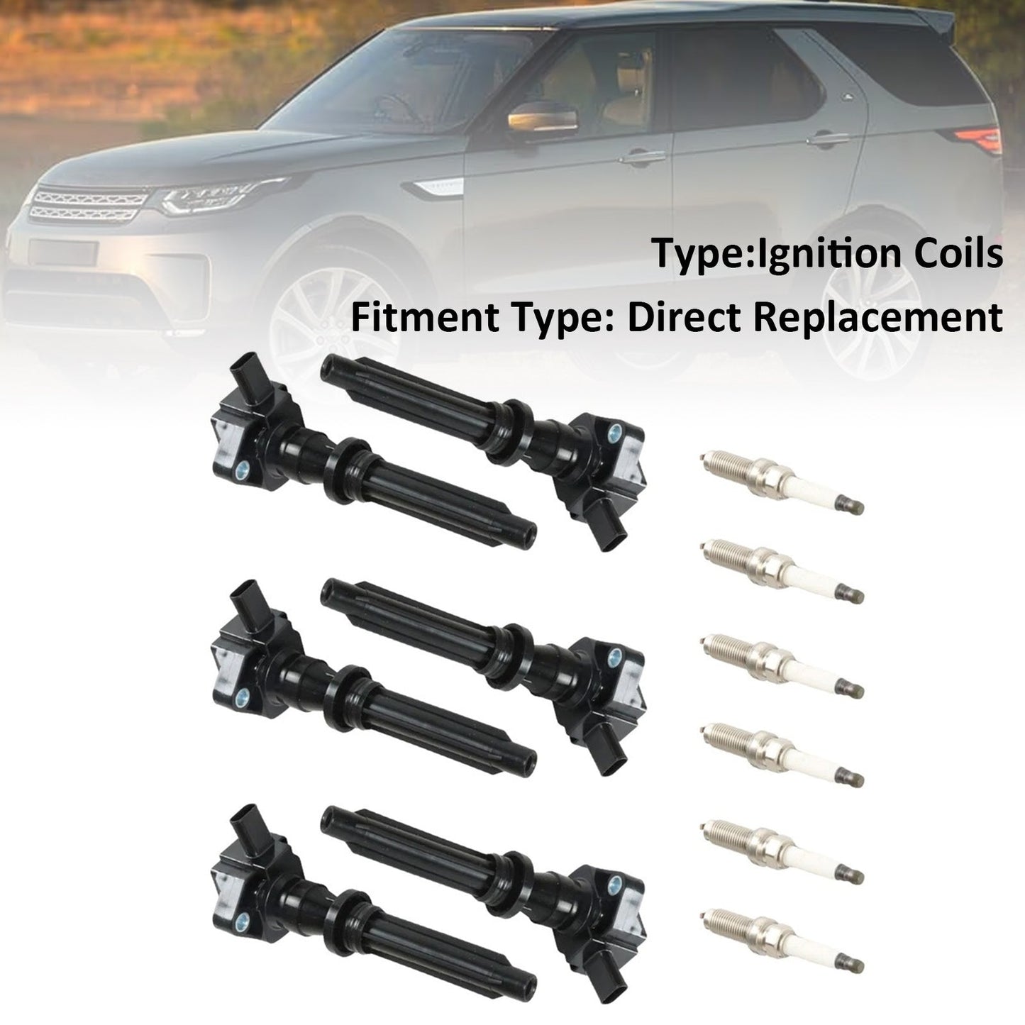 2014-2016 For Land Rover LR4 V6 3.0L GAS 6 Ignition Coils Spark Plugs DX23-12A366-AC