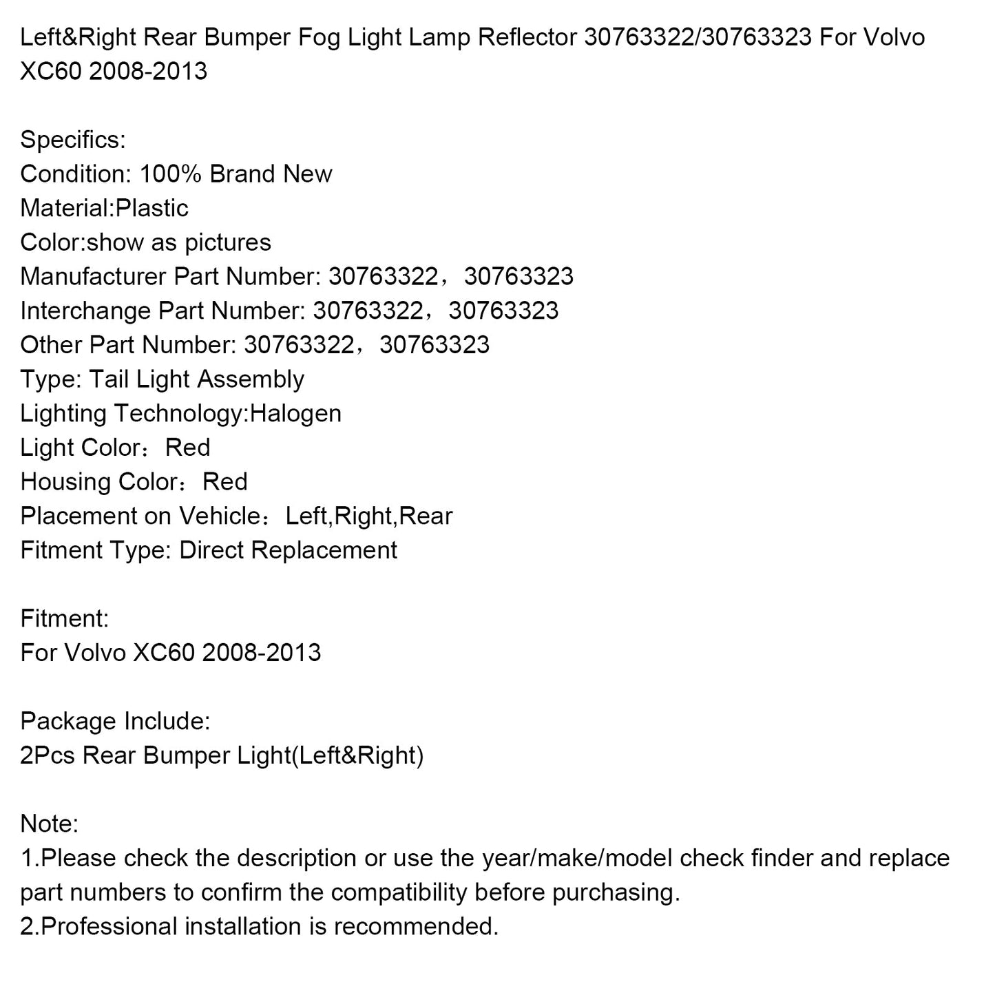 2008-2013 Volvo XC60 Left&Right Rear Bumper Fog Light Lamp Reflector