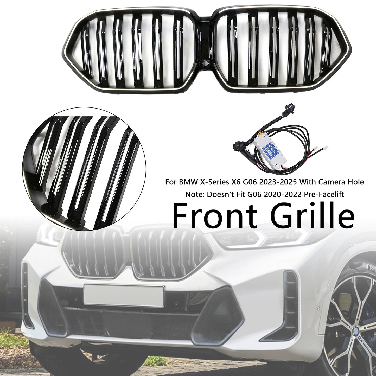 2023-2025 BMW X6 G06 M60i W/Camera Hole Double Slat Front Bumper Grille