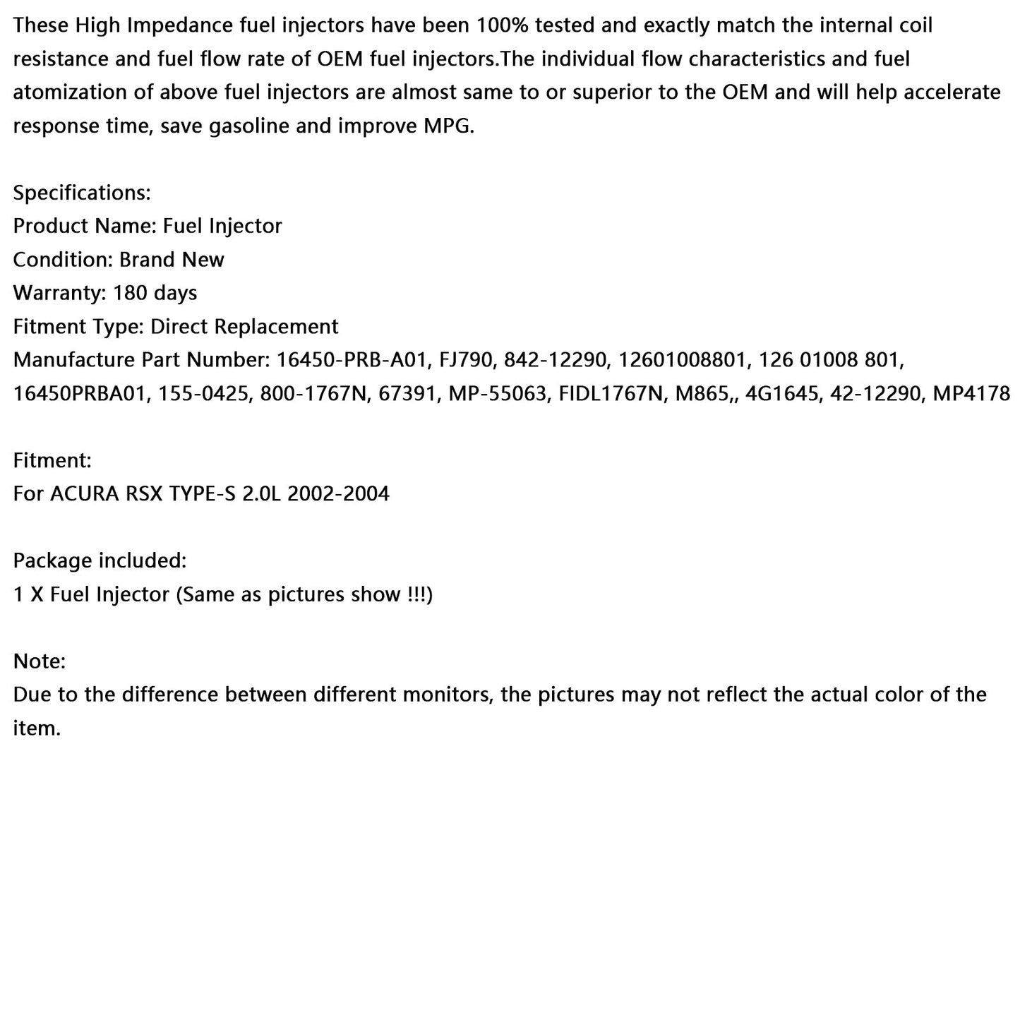 2002-2004 Acura RSX TYPE-S 2.0L 1PCS Fuel Injector 16450-PRB-A01 842-12290