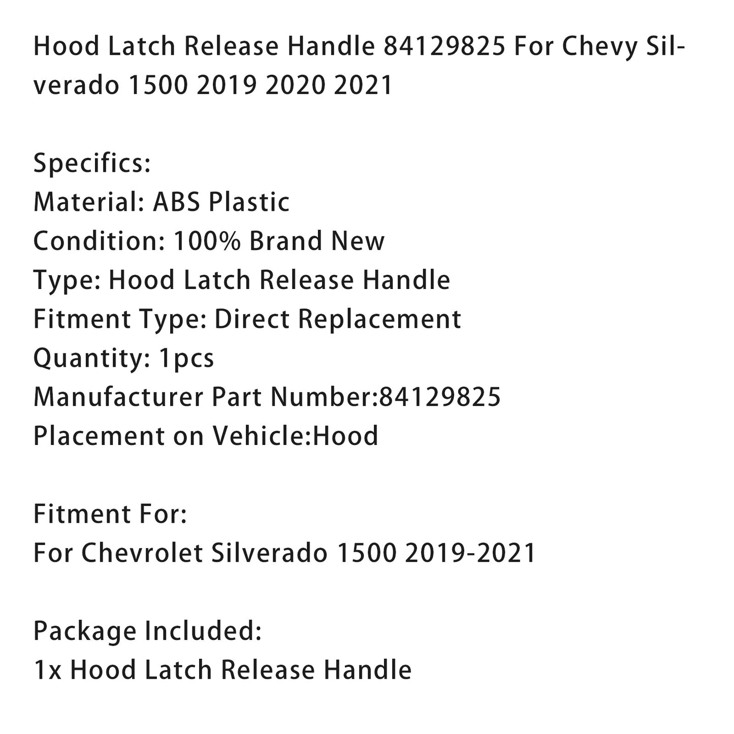 2019 2020 2021 Chevy Silverado 1500 Hood Latch Release Handle 84129825