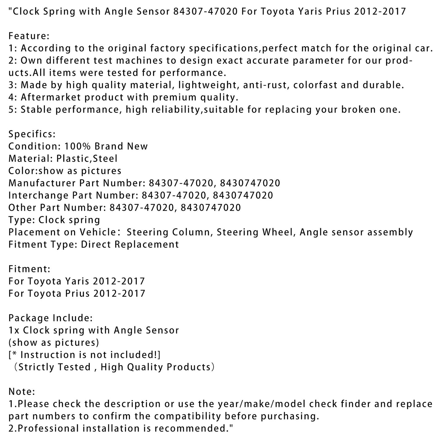 2012-2017 Toyota Prius Clock Spring with Angle Sensor 84307-47020 8430747020