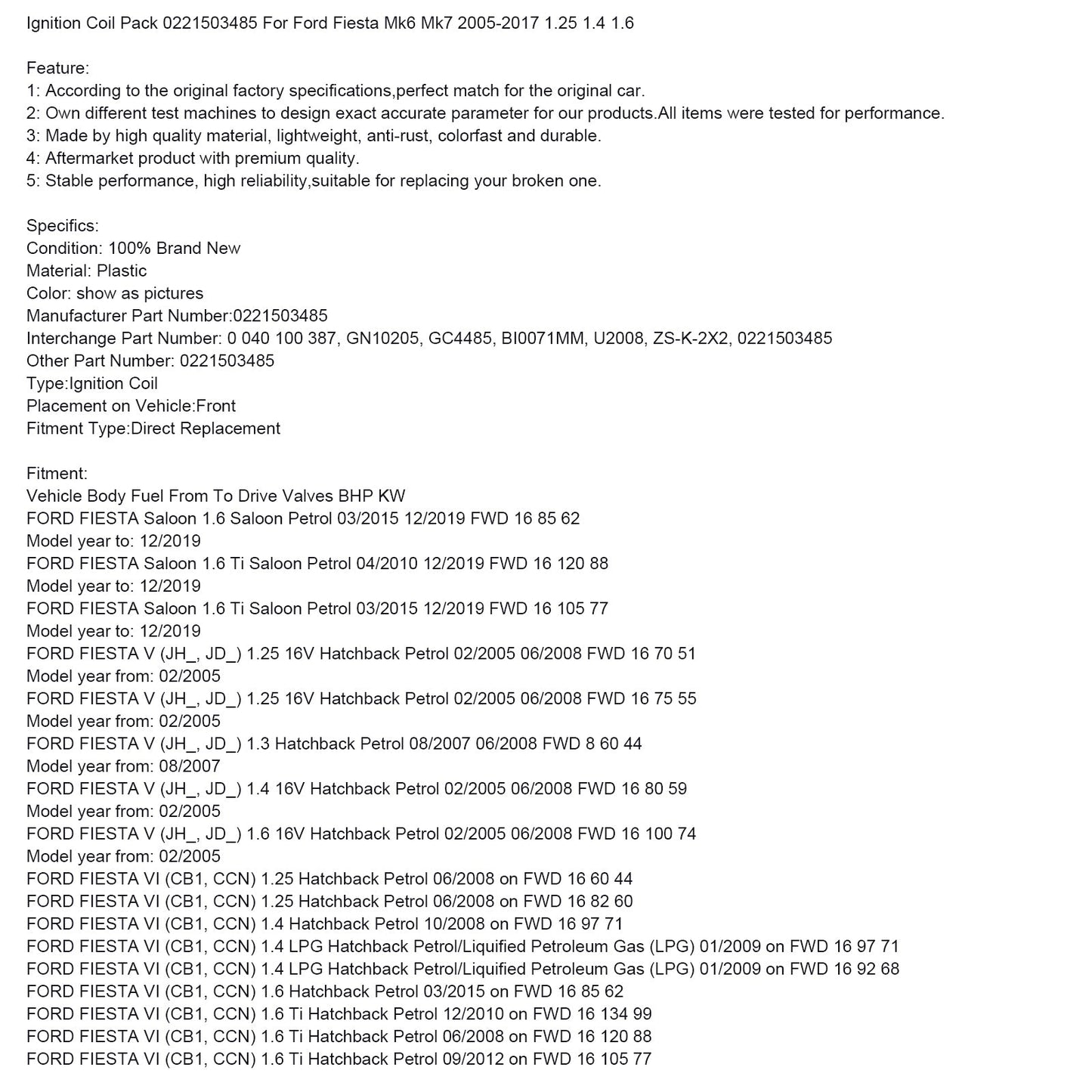 Ignition Coil Pack Fit For Ford Fiesta Mk6 Mk7 2005-2017 1.25 1.4 1.6 0221503485
