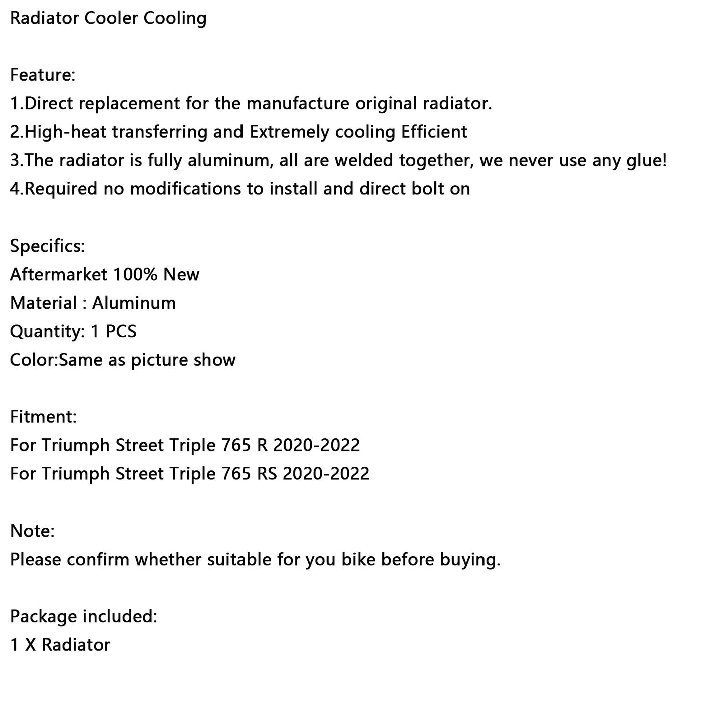 2020-2022 Triumph Street Triple 765 R Radiator Cooling Engine Cooler