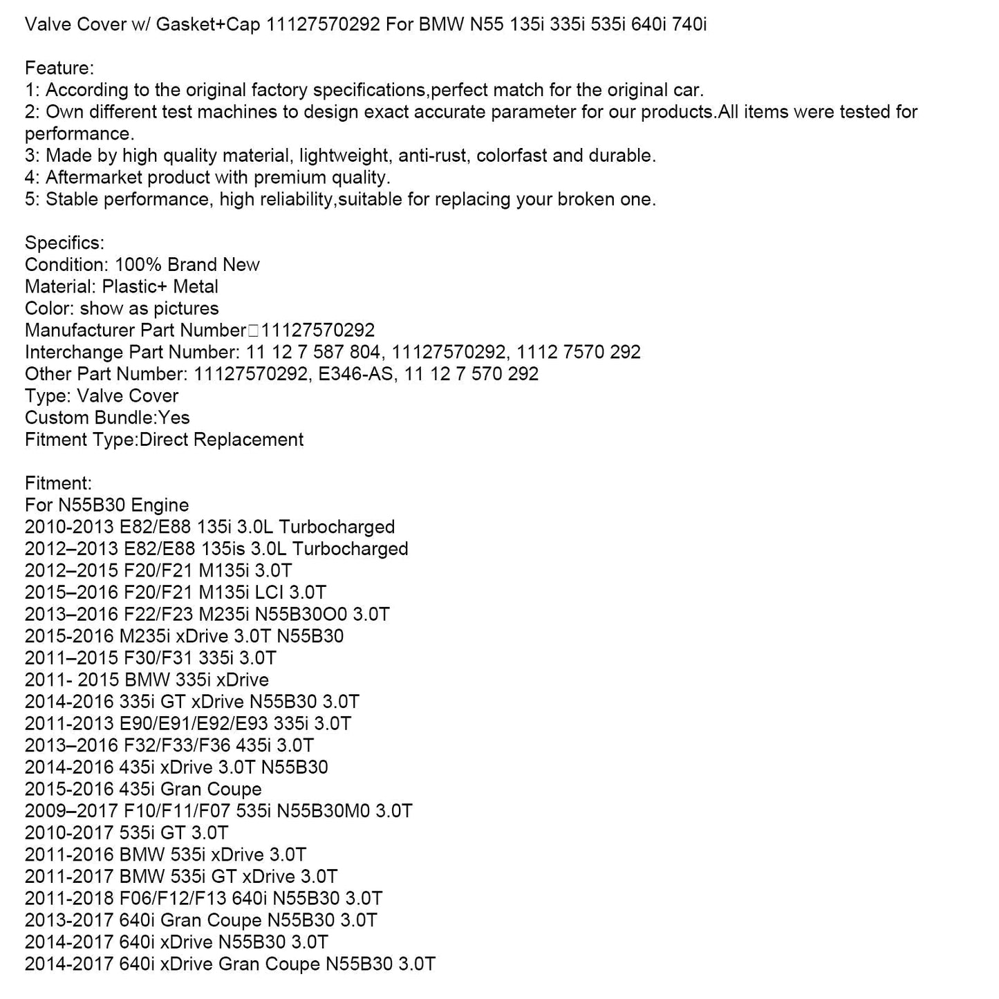 2013–2015 BMW F30 ActiveHybrid 3 N55HP 3.0T Valve Cover w/ Gasket+Cap 11127570292