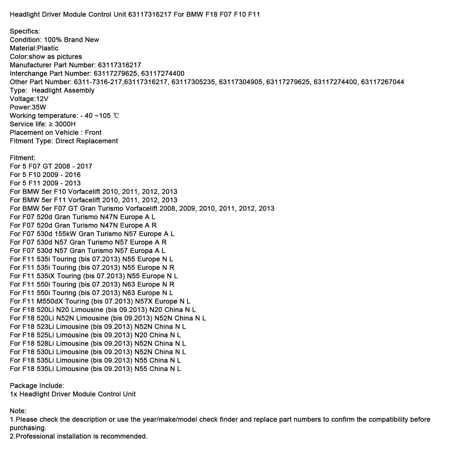 Headlight Driver Module Control Unit 63117316217 For BMW F18 F07 F10 F11
