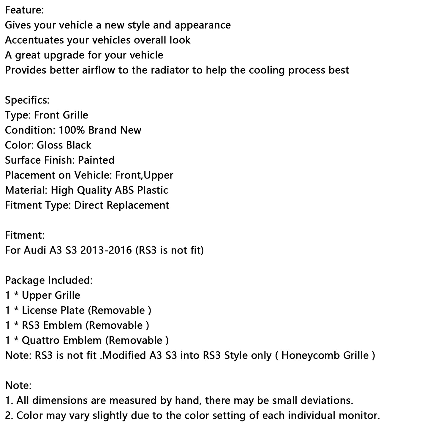 RS3 Style Front Henycomb Bumper Grill Grille Fit Audi A3 S3 2013-2016