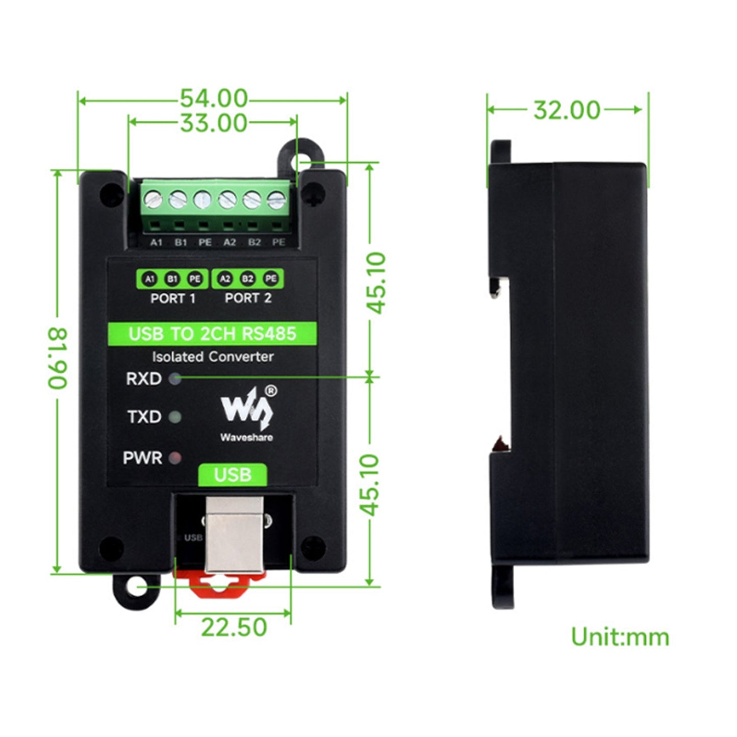 Industrial Isolated USB to 2-Way RS485 Serial Port Converter Rail Installation