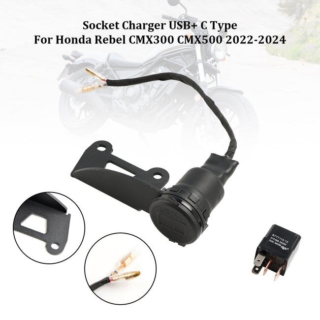 2022-2024 Honda Rebel CMX300 CMX500 12V Socket Charger USB+C Type Quick