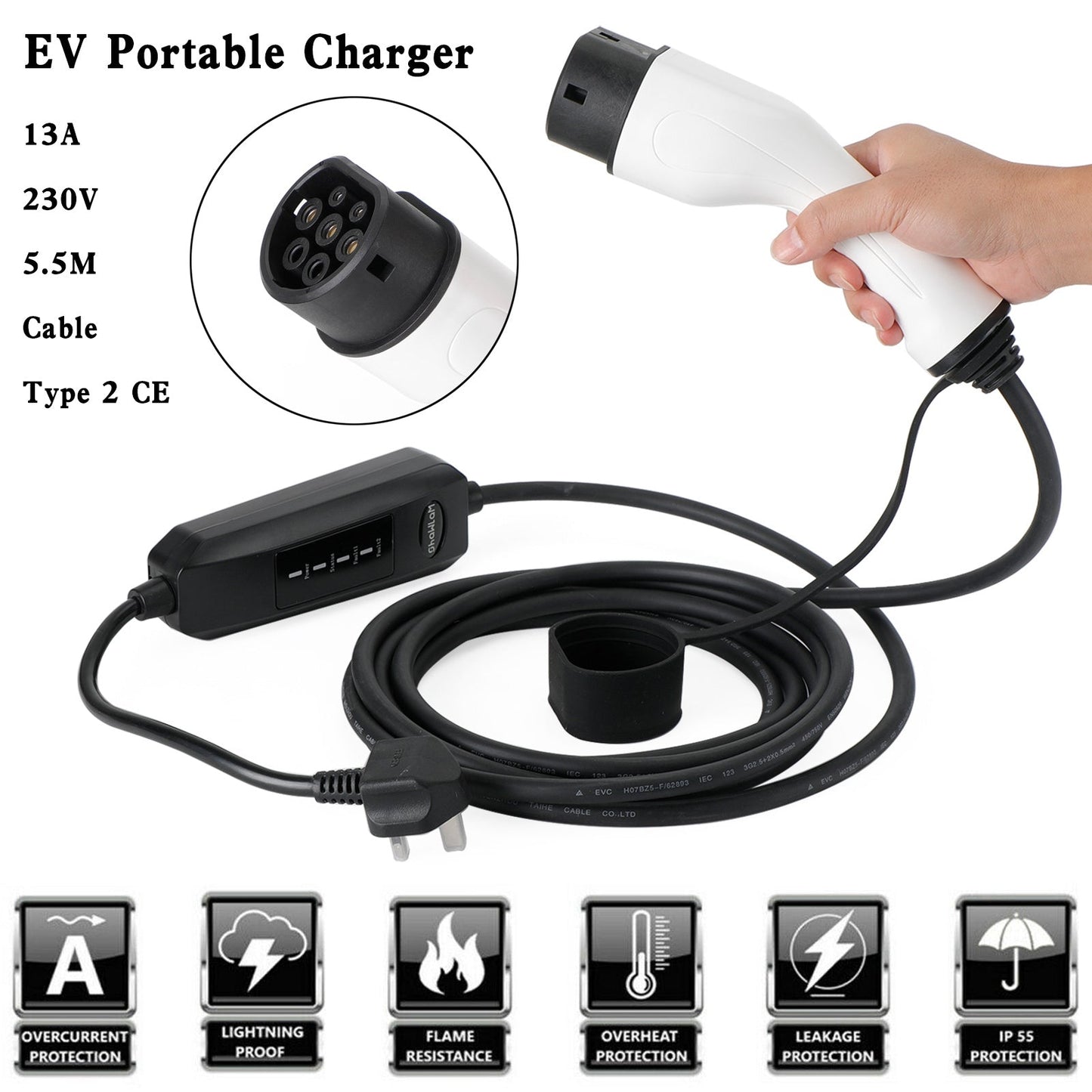 5.5M Protable 13A EV Charging Cable 3 Pin Type 2 UK Plug Electric Vehicle Car Charger