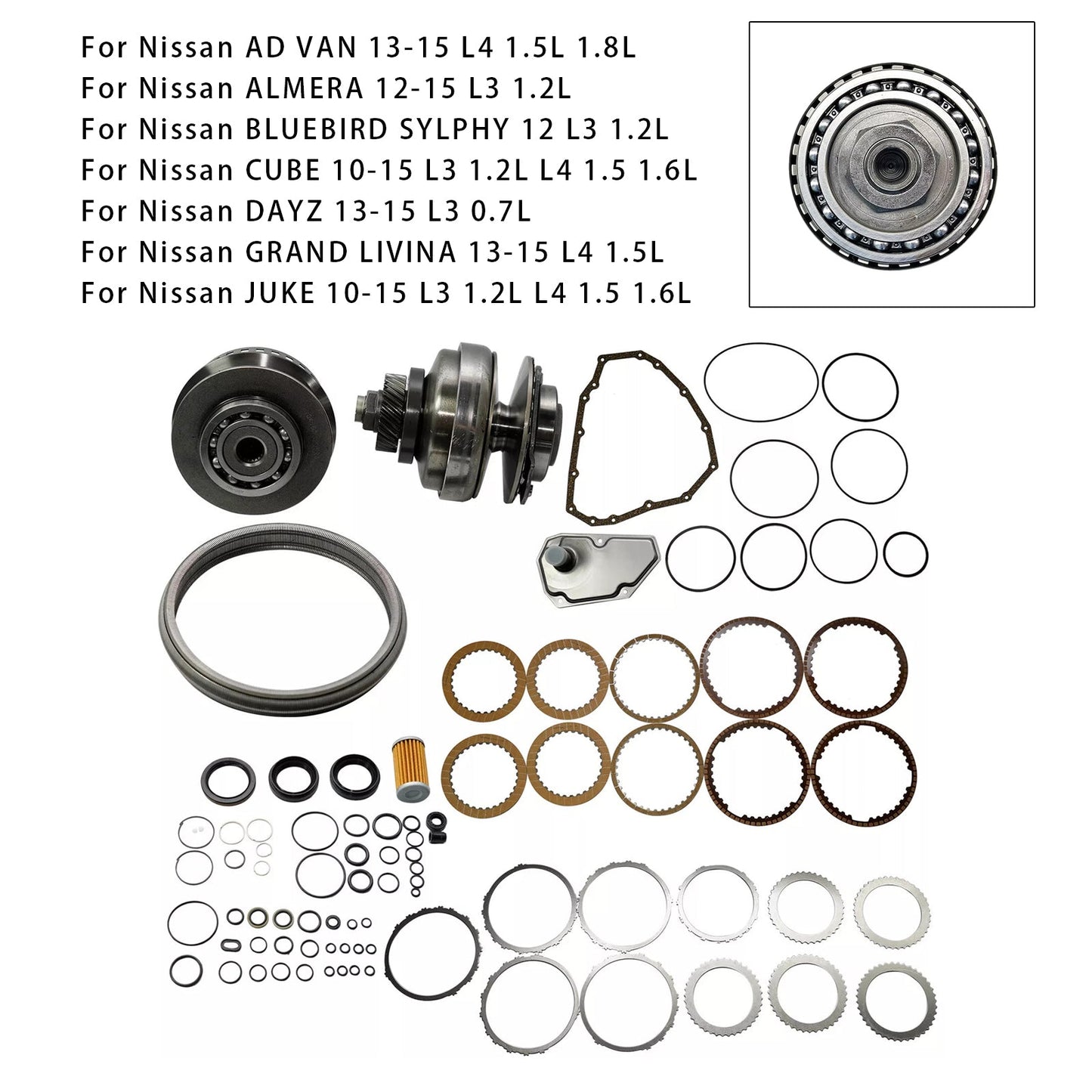 2011-2015 Nissan MICRA L3 0.9L 1.2L Transmission Master Rebuild Kit & Pulley Set W/ Belt JF015E RE0F11A