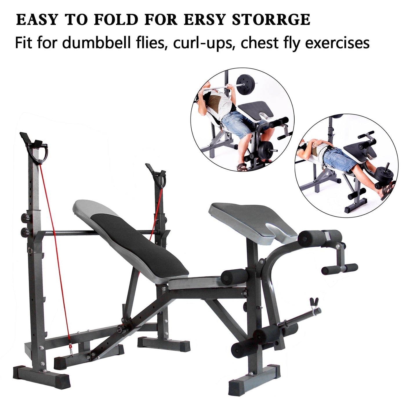 Full Body Workout Weight Bench Adjustable Folding Bench Press W/Barbell Rack