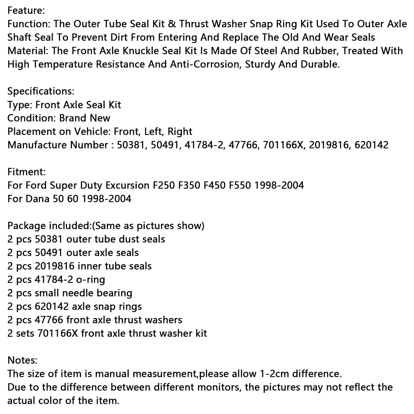 1998-2004 Ford Super Duty Excursion F250 F350 F450 F550 Front Axle Seal and Thrust Washer Kit