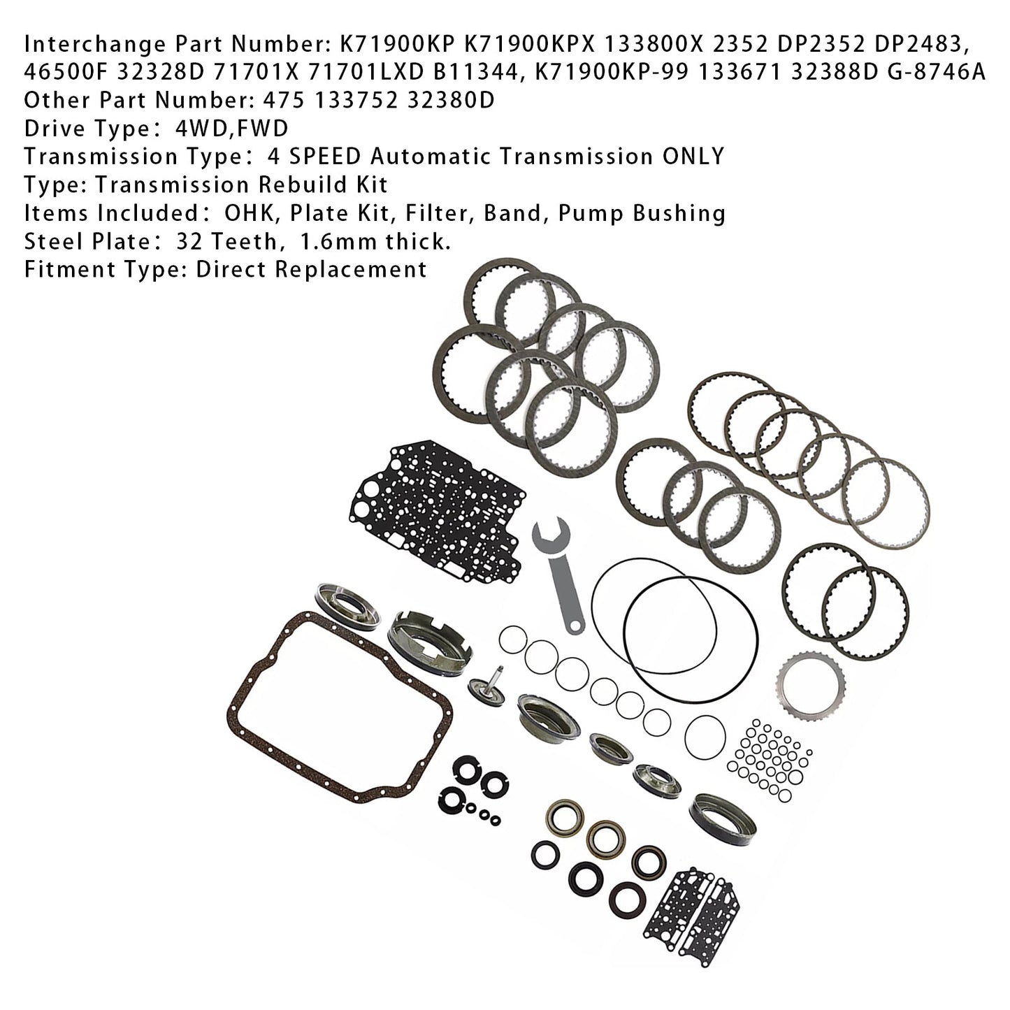 2000-UP FORD FOCUS ZX5 4 SP FWD L4 2.0L 2.3L FN4A-EL 4F27E Transmission Banner Rebuild Kit 99-UP W/Pistons