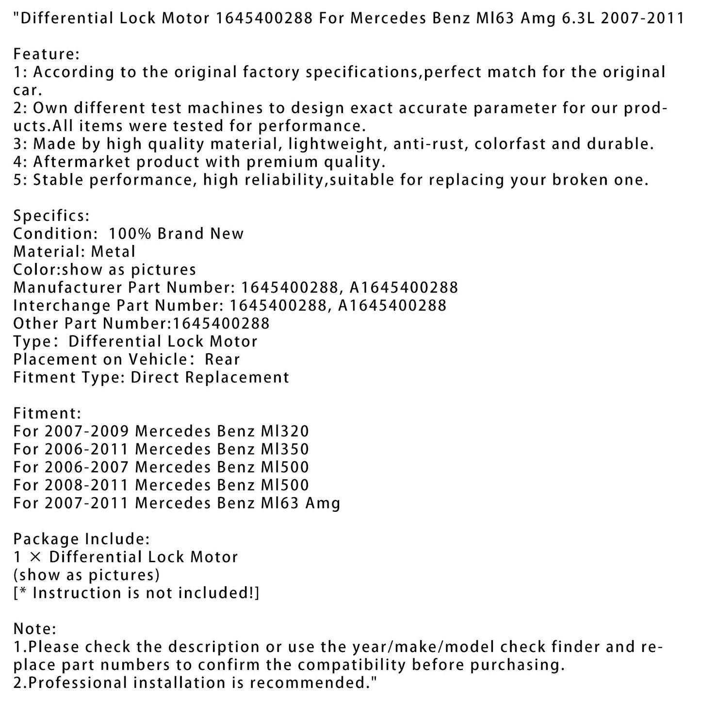 2007-2011 Mercedes Benz Ml63 Amg Differential Lock Motor 1645400288