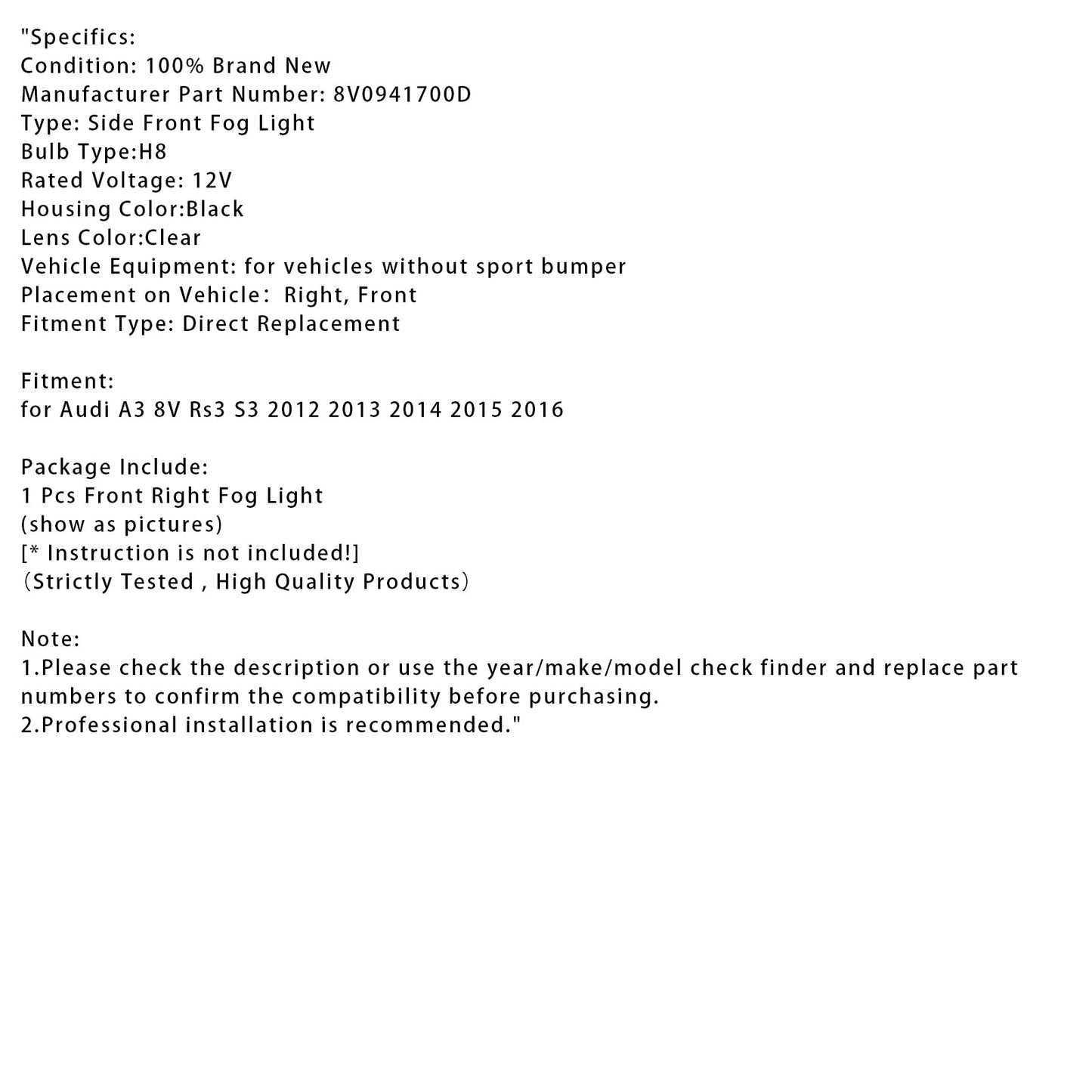 2012-2016 Audi A3 8V Rs3 S3 1 Pcs Front Right Fog Light Lamps With Bulbs