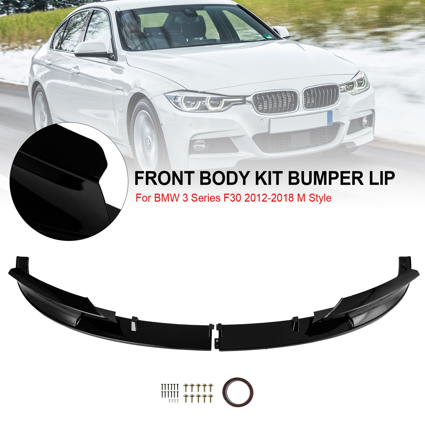 Gloss Black Front Bumper Spoiler Lip Fit BMW 3 Series F30 2012-2018 M Sport