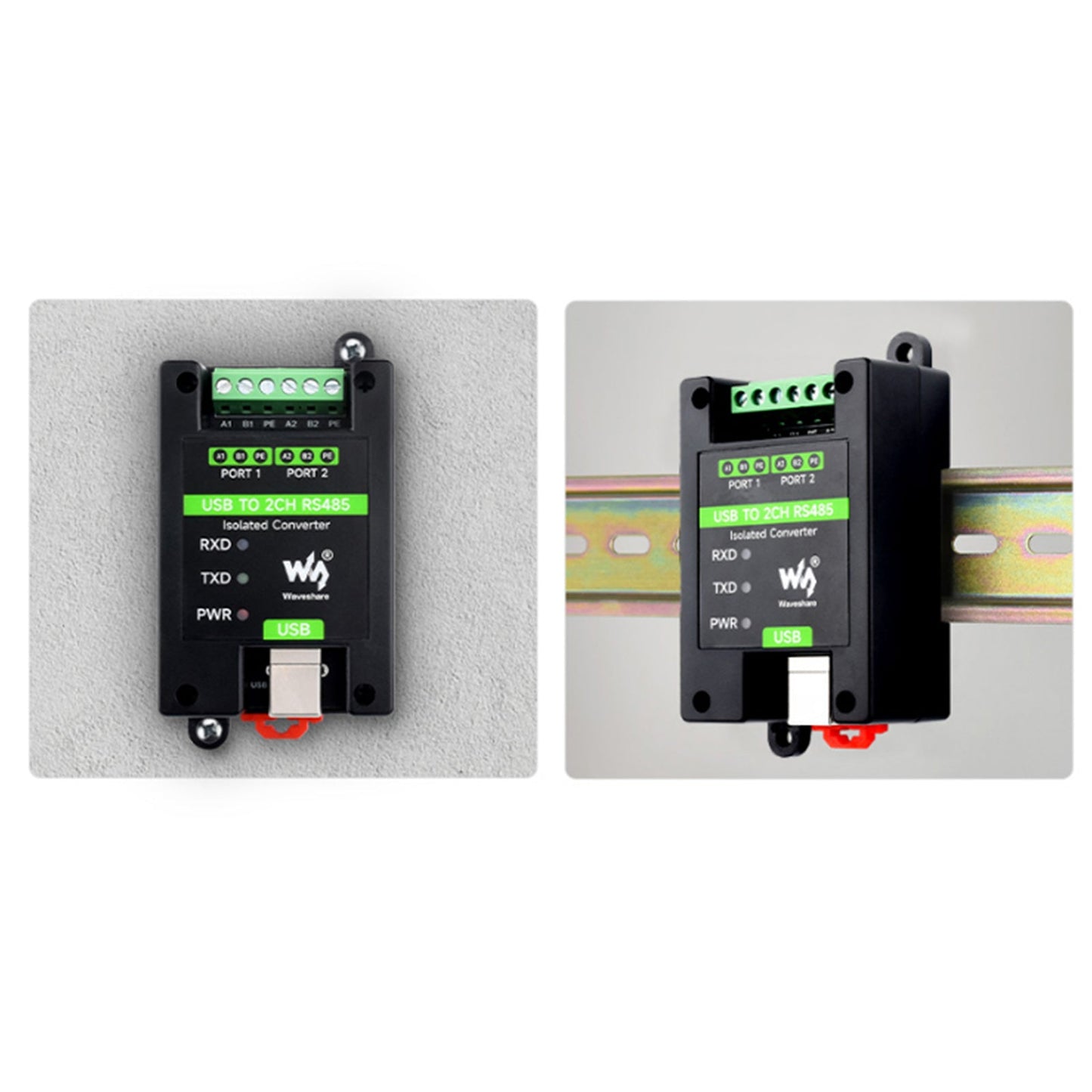 Industrial Isolated USB to 2-Way RS485 Serial Port Converter Rail Installation