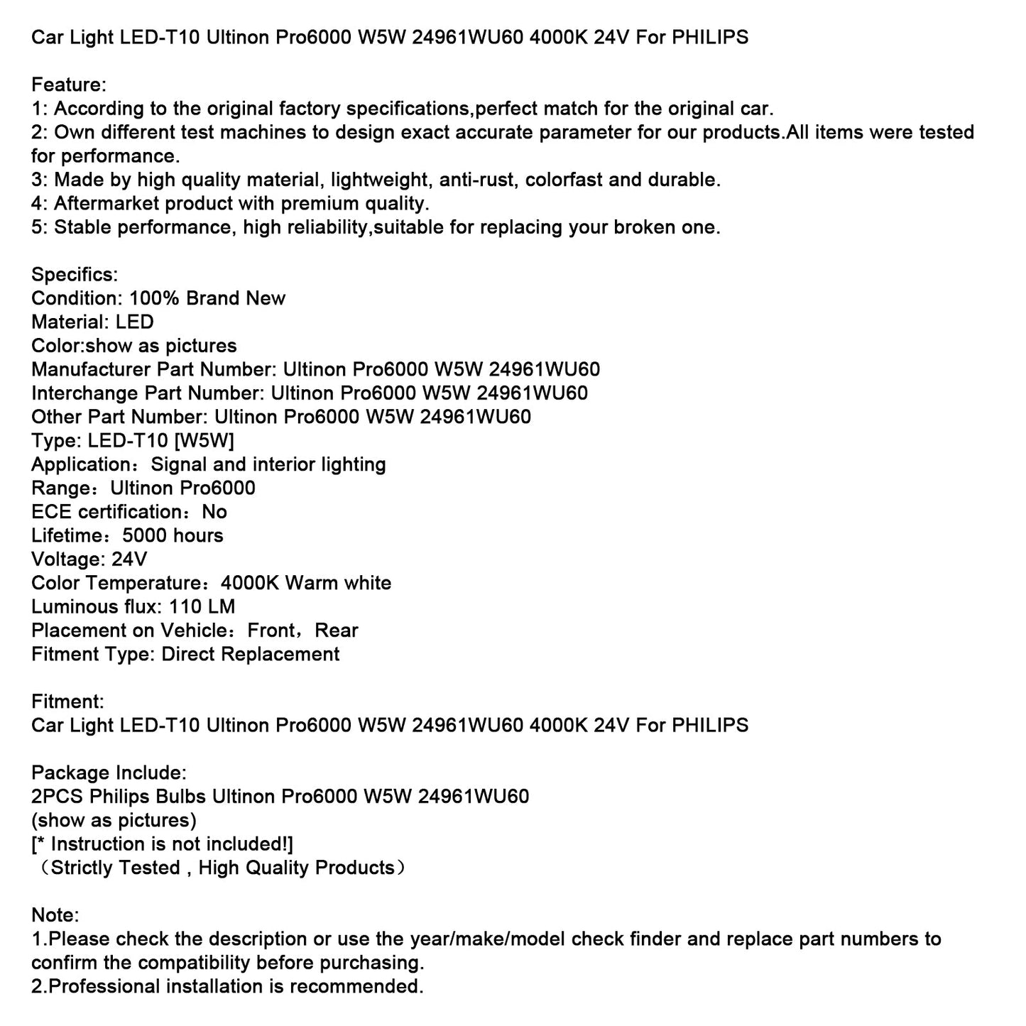 Car Light LED-T10 Ultinon Pro6000 W5W 24961WU60 4000K 24V For PHILIPS