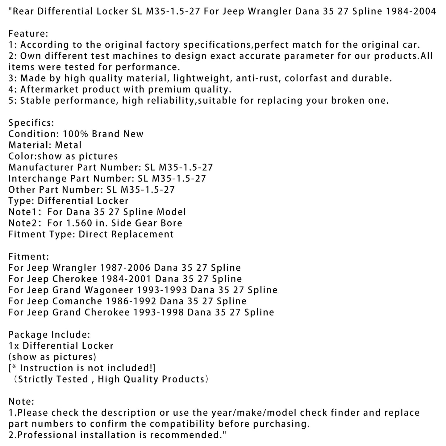 1984-2001 Jeep Cherokee Dana 35 27 Spline Rear Differential Locker SL M35-1.5-27