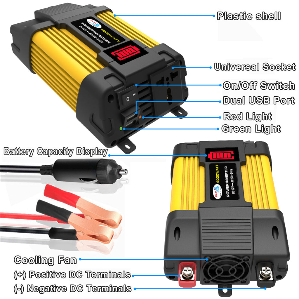 4000W Sine Wave Car Power Inverter w LED Display DC 12V To AC 220V Inverter