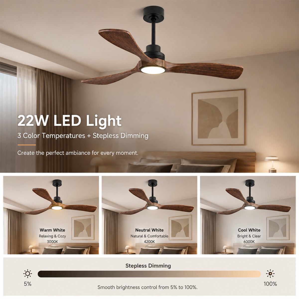 Remote/App 52" Smart Ceiling Fan with Light Solid Wood Blades Ultra Quiet