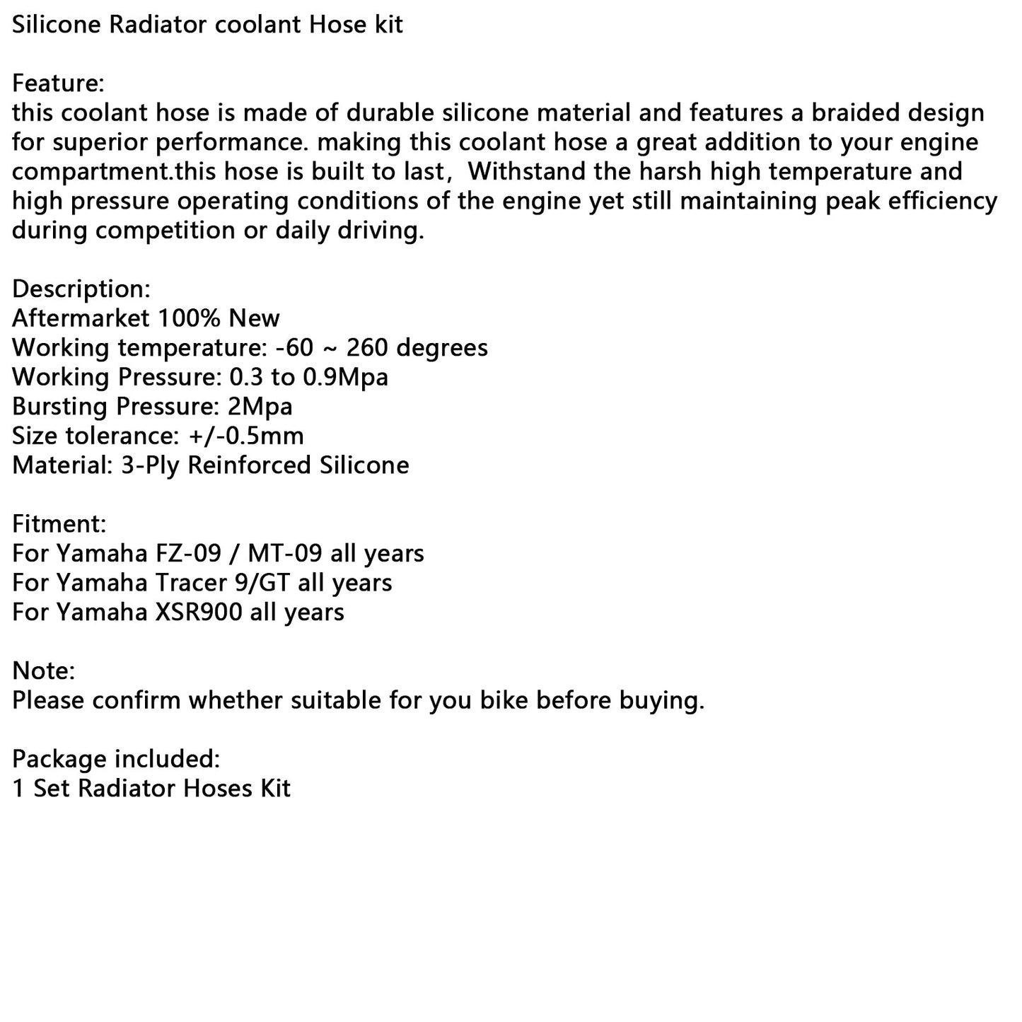 Yamaha MT-09 XSR900 Tracer 9/GT all years Silicone Radiator coolant Hose