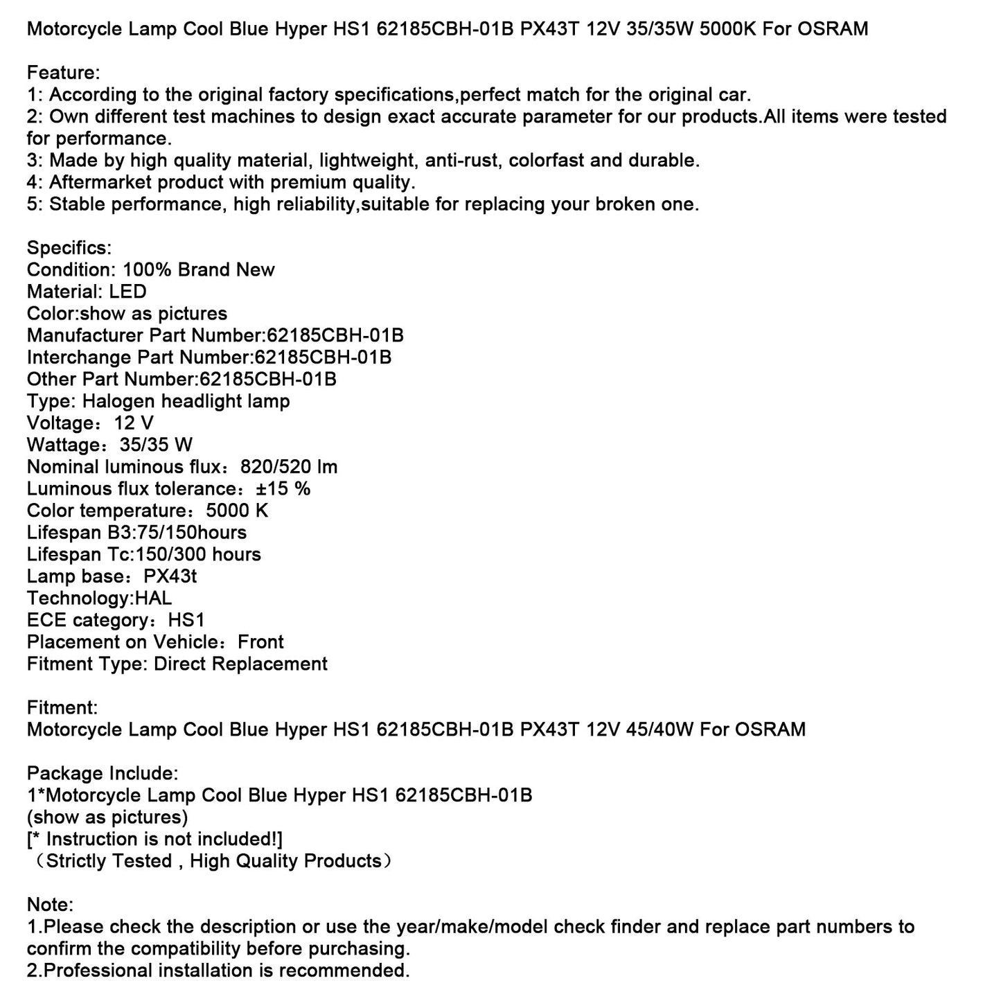 Motorcycle Lamp Cool Blue Hyper HS1 62185CBH-01B PX43T 12V 35/35W For OSRAM