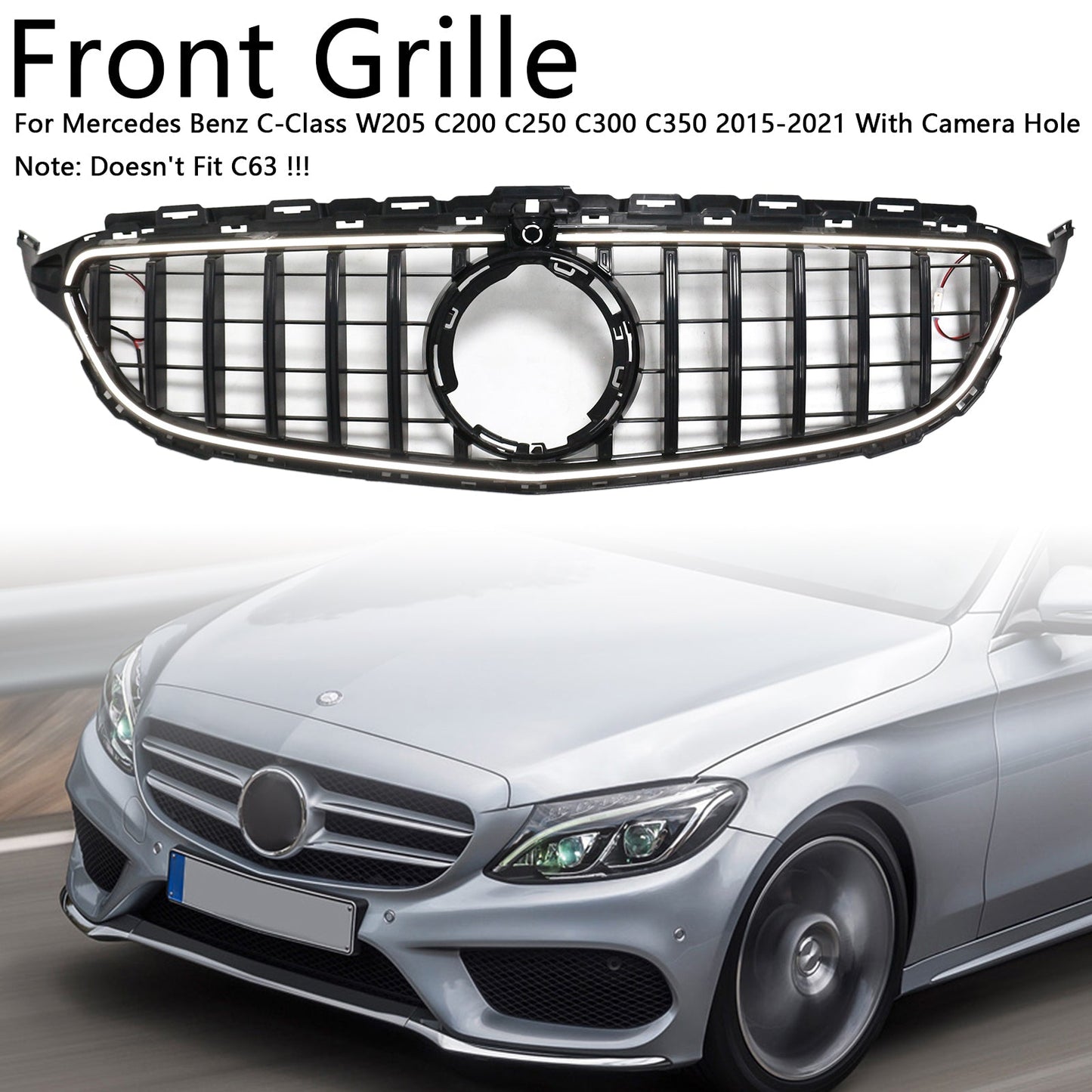2015-2021 Mercedes W205 C250 C300 W/LED Black Front Bumper Grill Grille