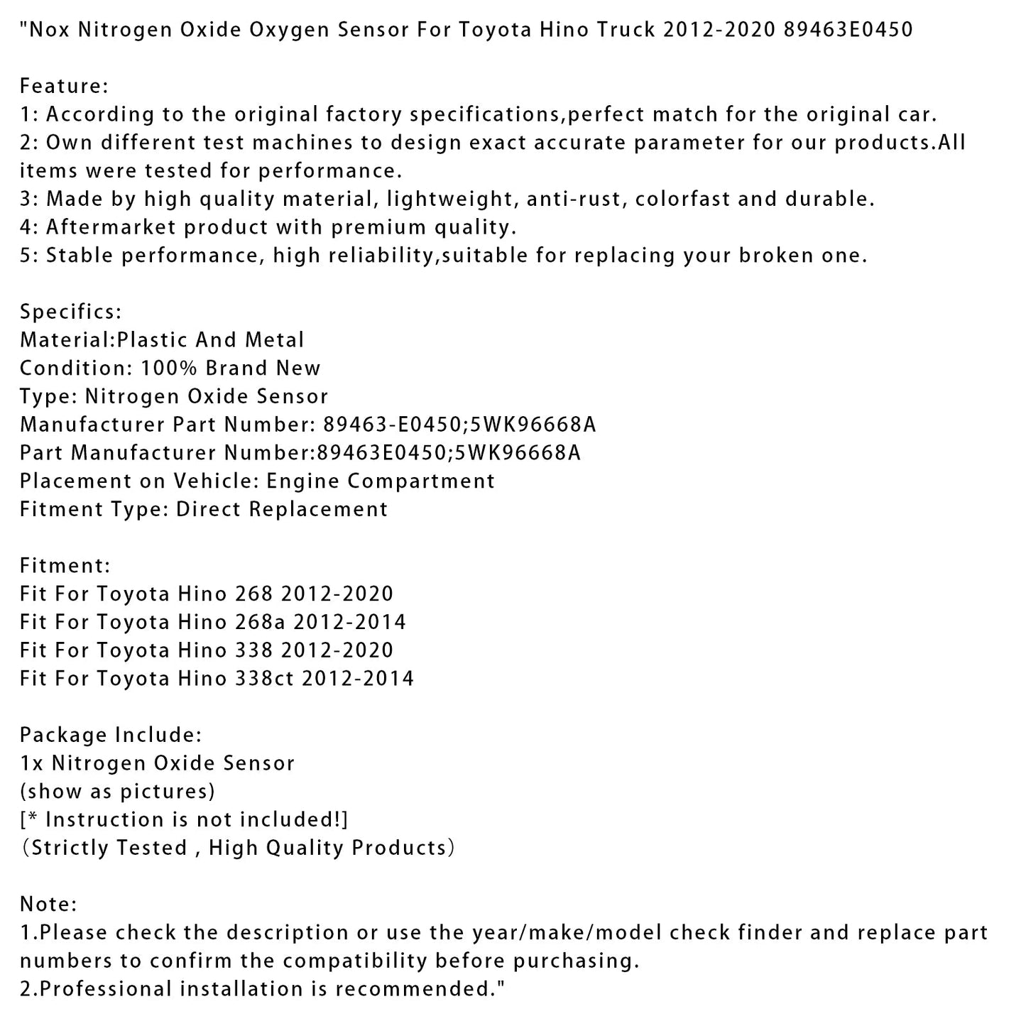 2012-2014 Toyota Hino 268a Nox Nitrogen Oxide Oxygen Sensor 89463E0450