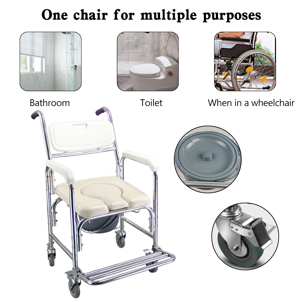 Multifunction Wheeled Mobility Toilet Frame Commode Shower Chair Wheelchair