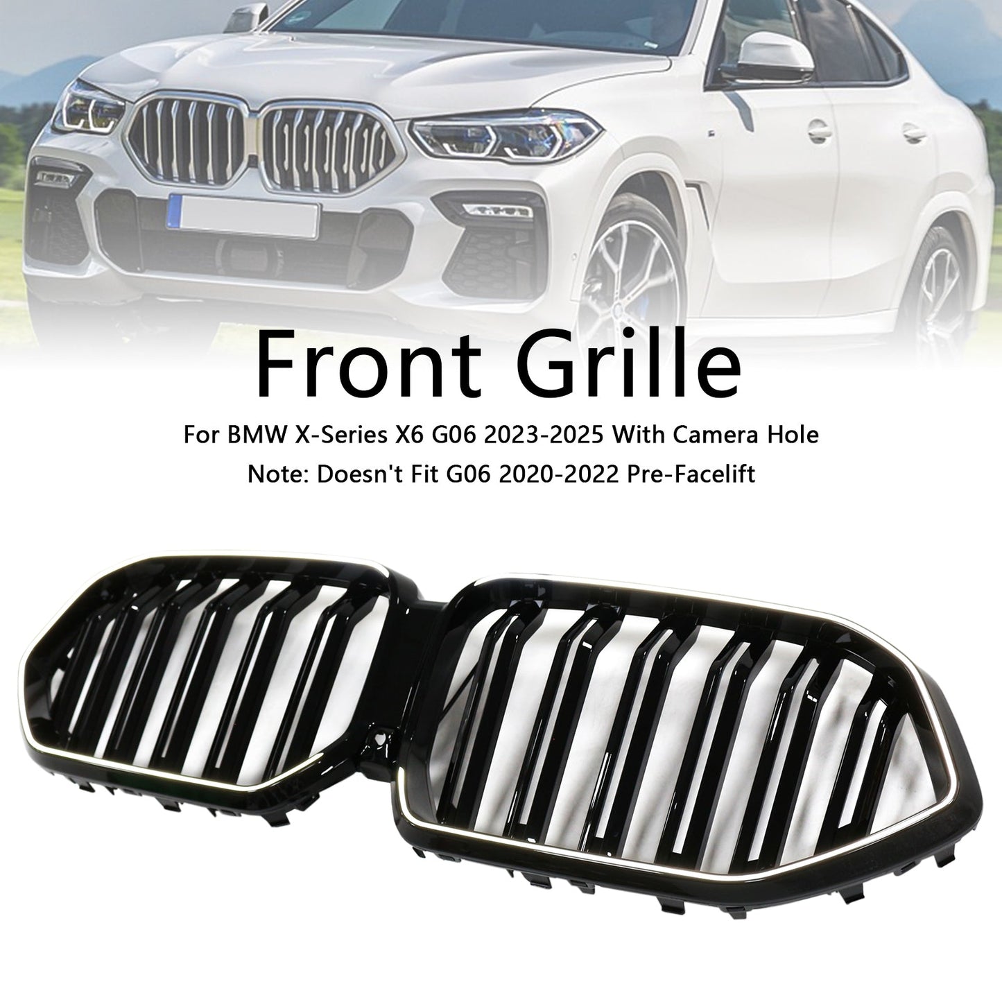 2023-2025 BMW X6 G06 M60i W/Camera Hole Double Slat Front Bumper Grille
