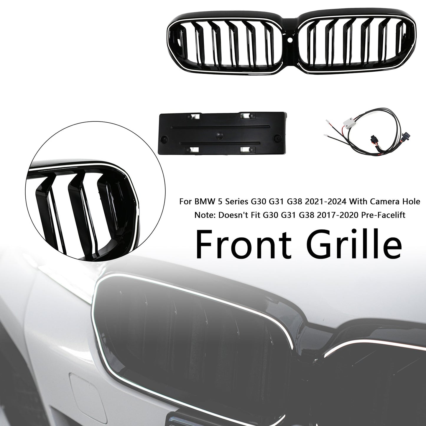2021-2024 BMW 5 Series G30 G38 Double Slat Front Kidney Grille Gloss Black