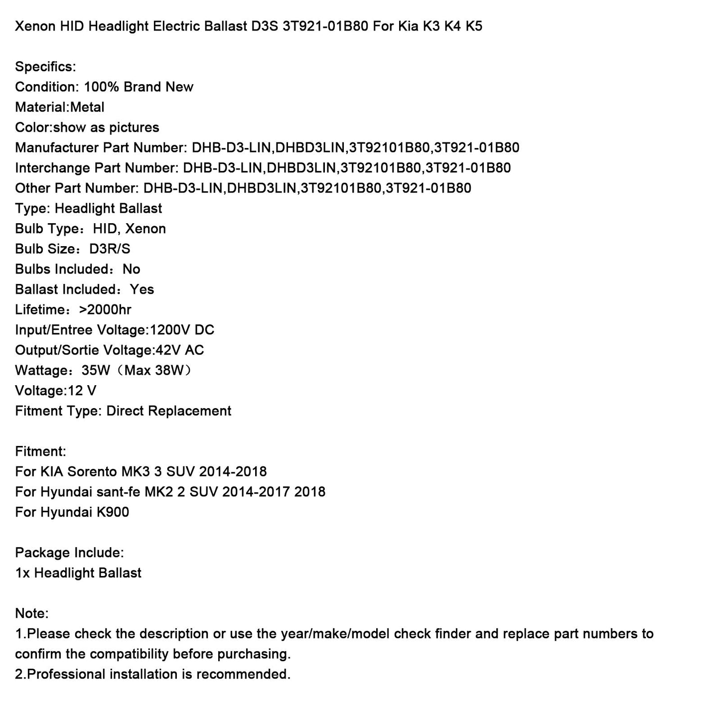 Xenon HID Headlight Electric Ballast D3S 3T921-01B80 For Kia K3 K4 K5