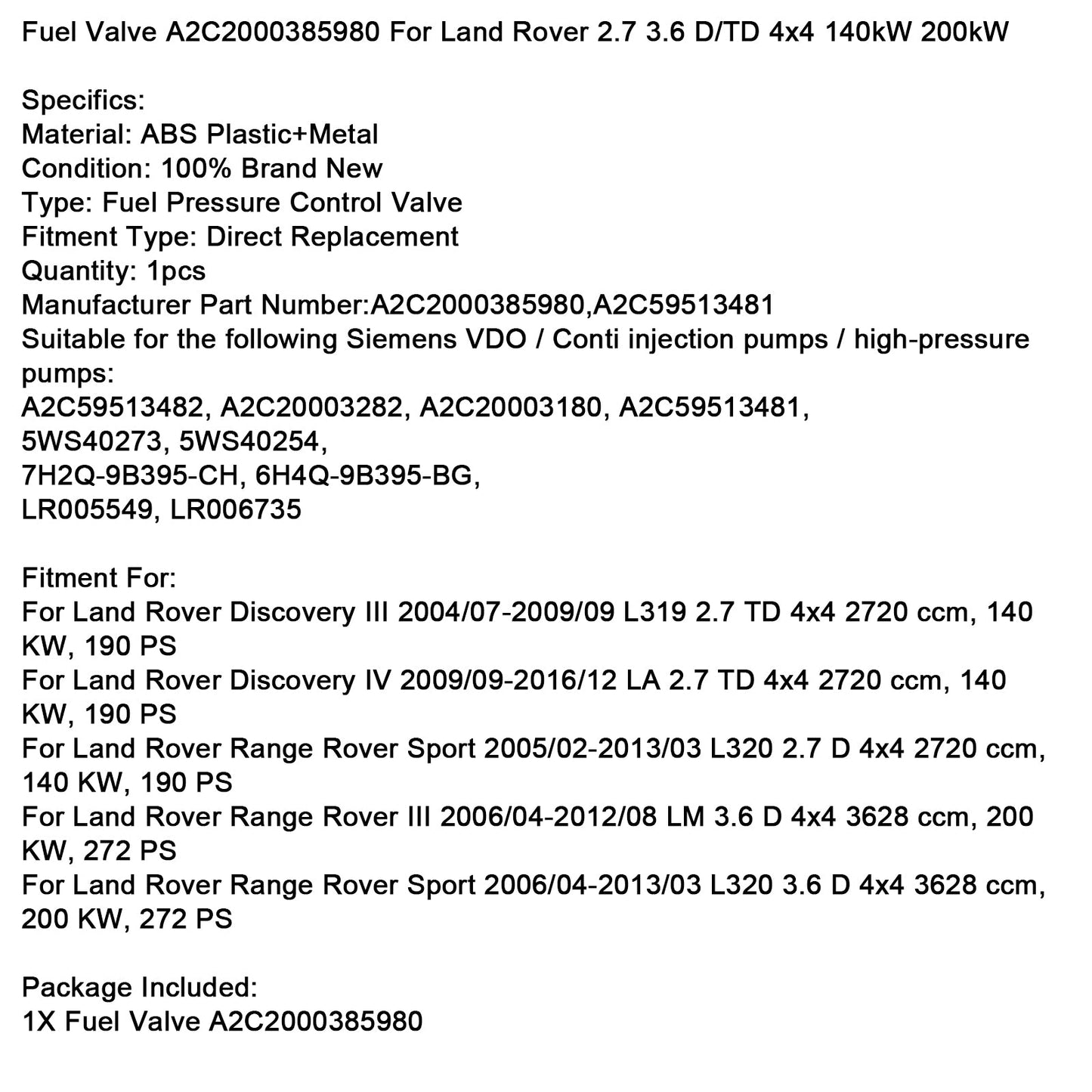 2006/04-2012/08 Land Rover Range Rover III LM 3.6 D Fuel Pressure Control Valve A2C2000385980