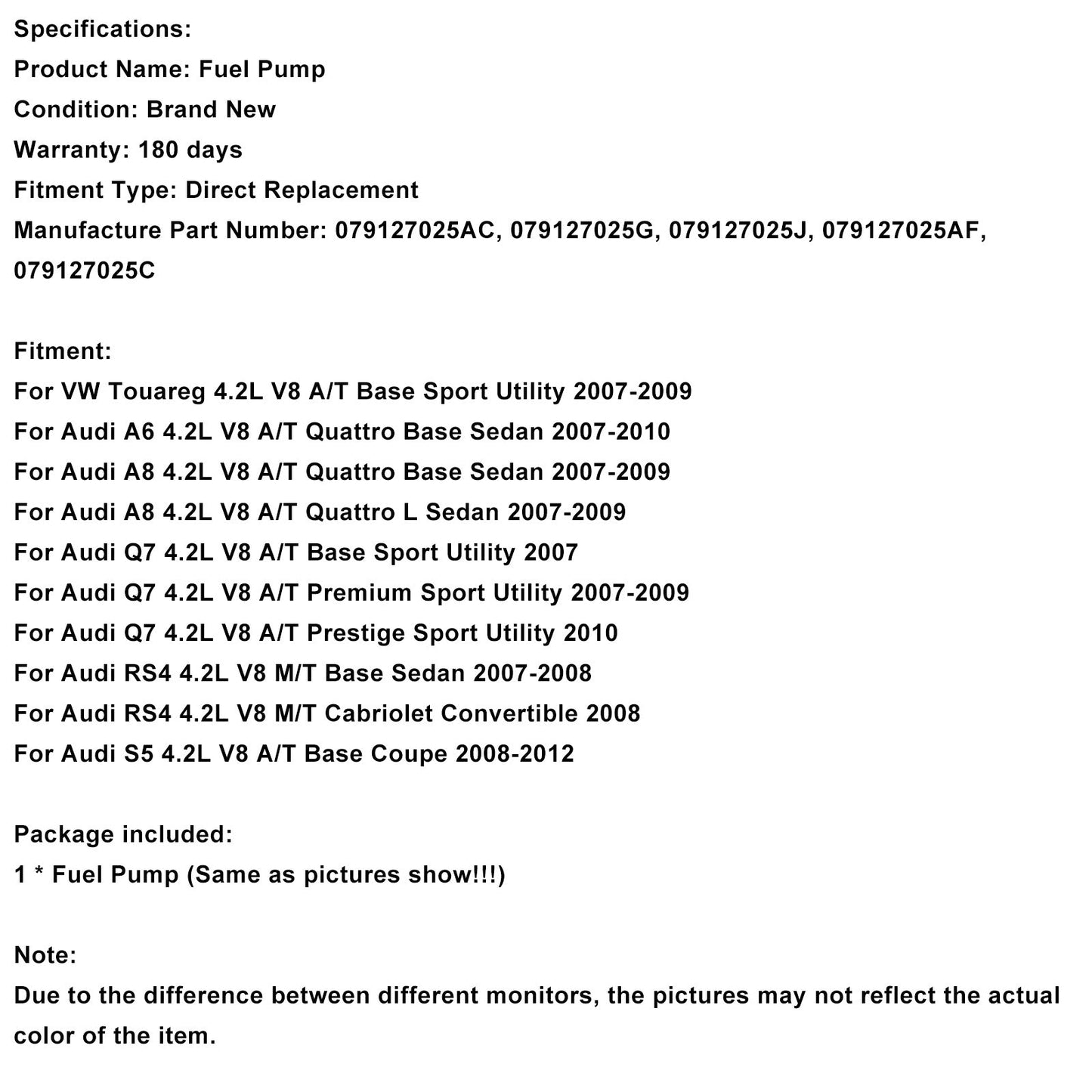 2007 Audi Q7 4.2L V8 A/T Base Sport Utility Left High Pressure Fuel Pump 079127025AC