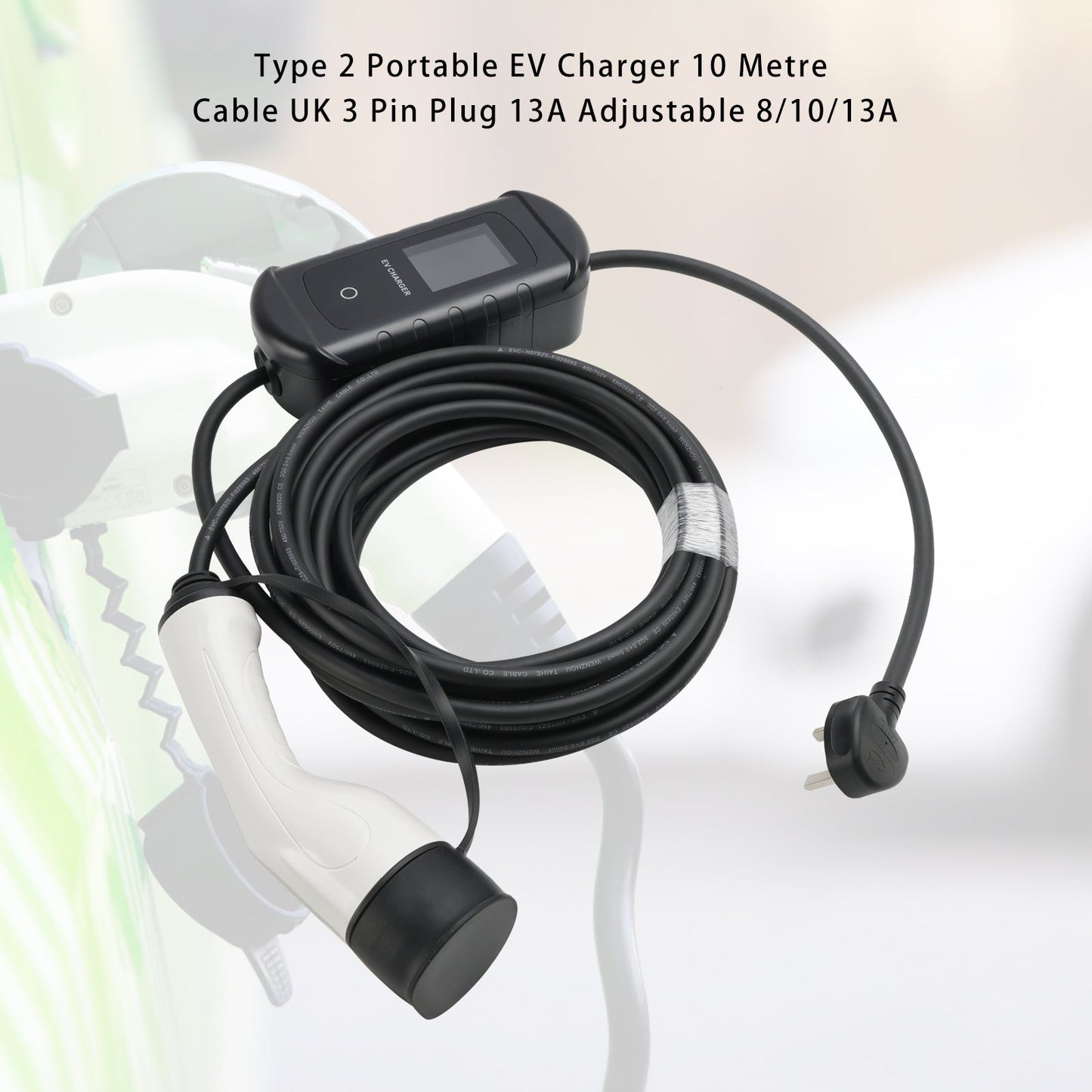 Type 2 Portable EV Charger 10 Metre Cable UK 3 Pin Plug 13A Adjustable