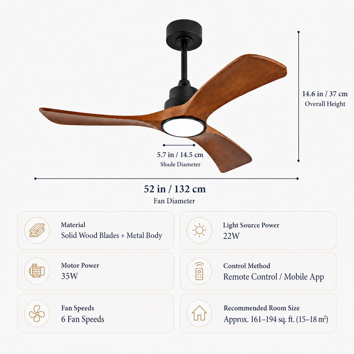 Remote/App 52" Smart Ceiling Fan with Light Solid Wood Blades Ultra Quiet