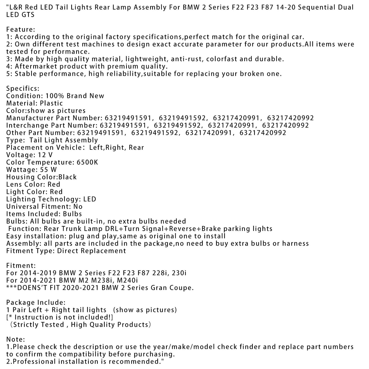 2014-2021 BMW M2 M238i, M240i L&R Red LED Tail Lights Rear Lamp Assembly 63219491591