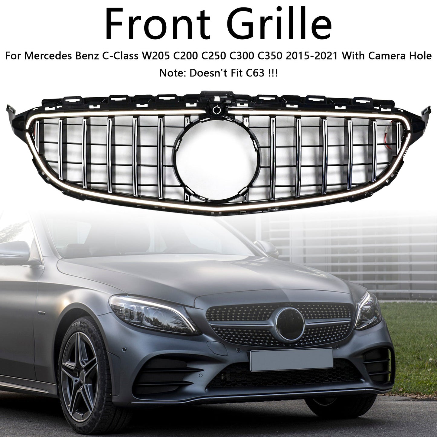 2015-2021 Mercedes W205 C250 C300 W/LED Chrome Front Bumper Grill Grille