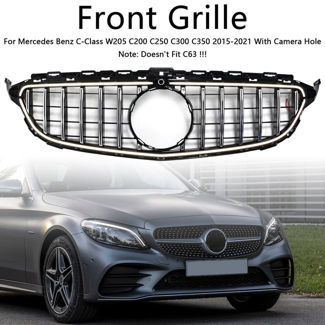 2015-2021 Mercedes W205 C250 C300 W/LED Chrome Front Bumper Grill Grille