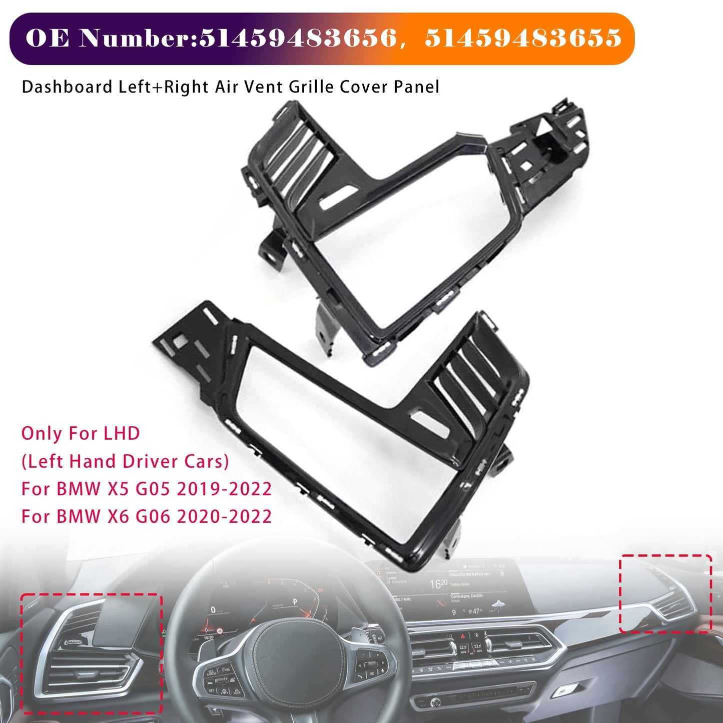 2020-2022 BMW X6 G06 Dashboard Left+Right Air Vent 51459483656 51459483655