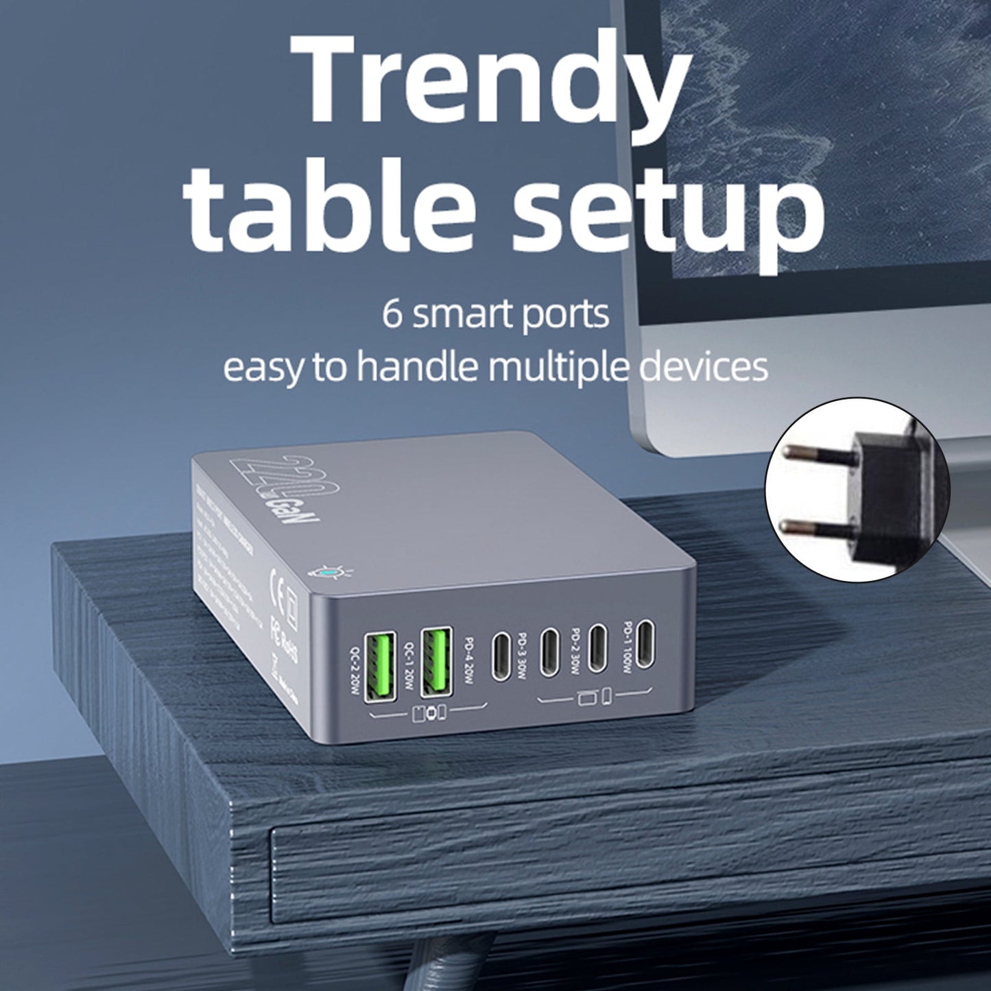 F8A Desktop Charging Station USB 6-Port Fast Charger PD100W Charging Stand Smart Charger EU Plug