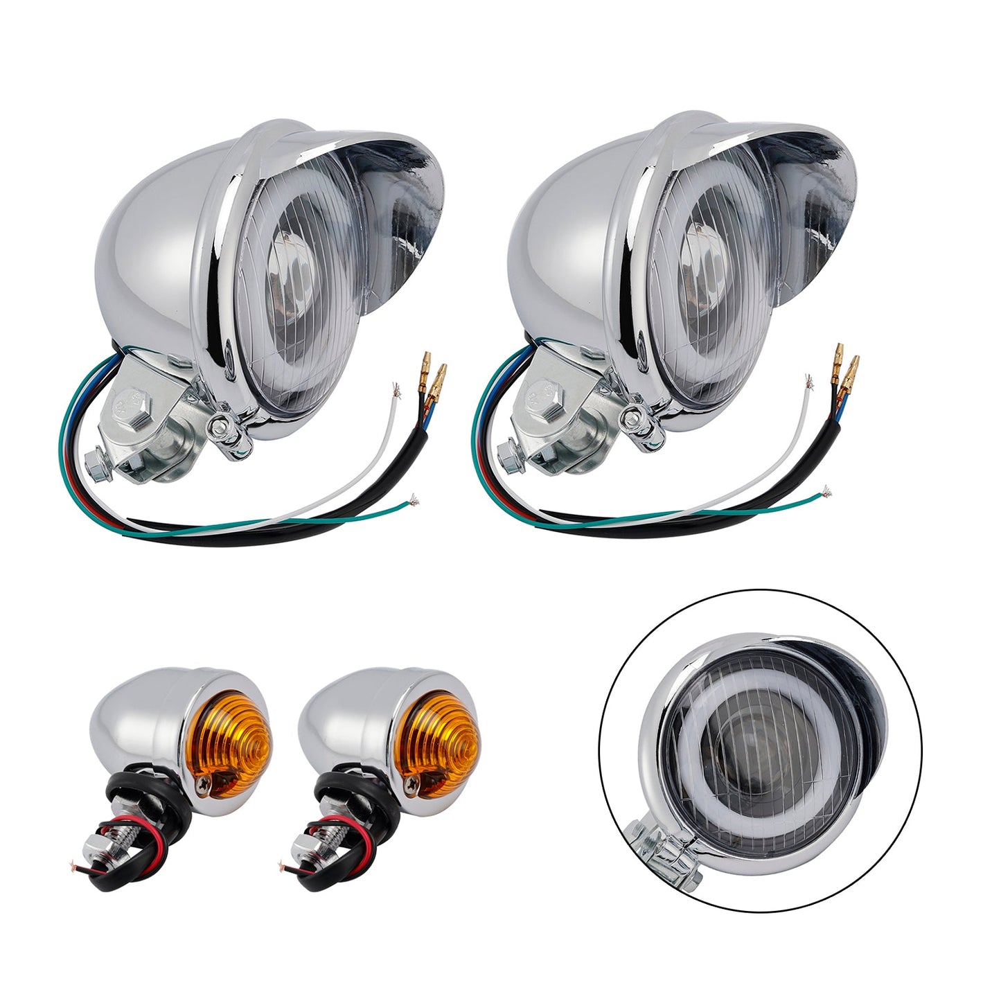 Motorcycle Beam Headlight Fog Lamp Custom Chrome #D17 For Racer Bobber Chopper