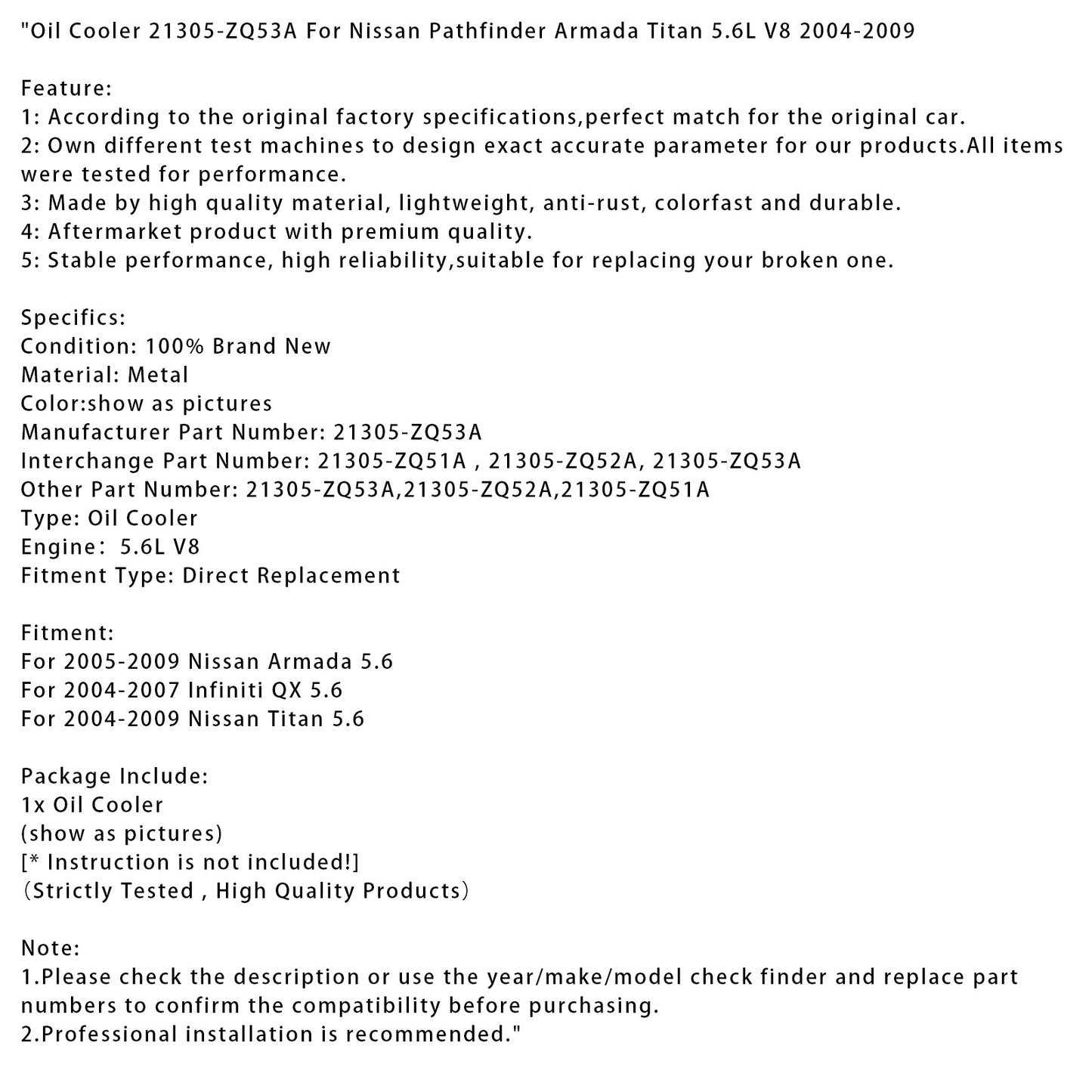 2004-2007 Infiniti QX 5.6 Oil Cooler 21305-ZQ53A