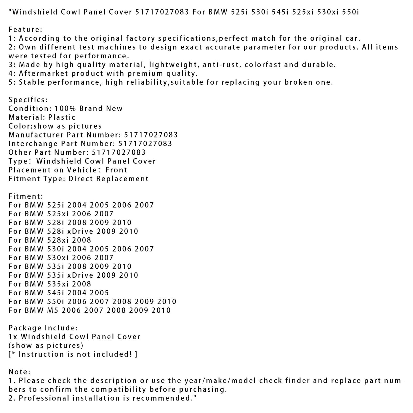 2008-2010 BMW 528i Windshield Cowl Panel Cover 51717027083