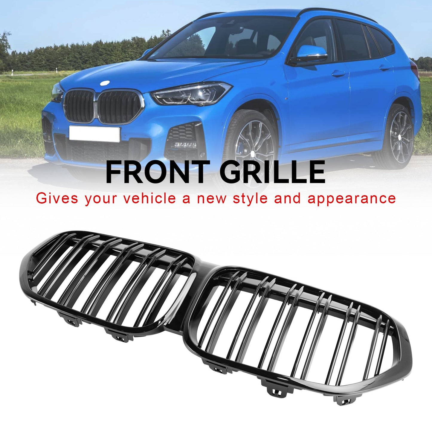 2019-2021 BMW X1 F48 F49 Dual Slat Gloss Black Front Kidney Grille Grill